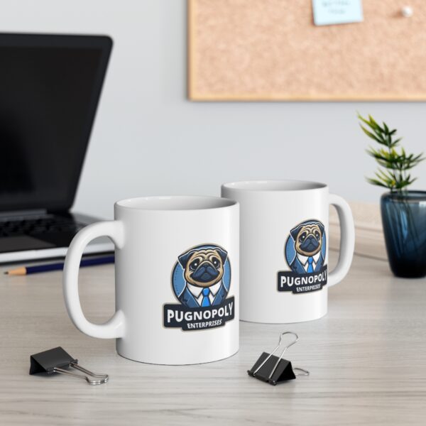 Two pug mugs in an office setting