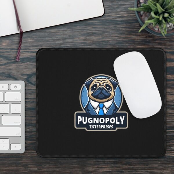 Pug mouse pad next to keyboard and mouse on top